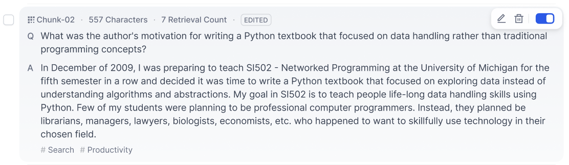 Q&A 模式 - 查看文本分段