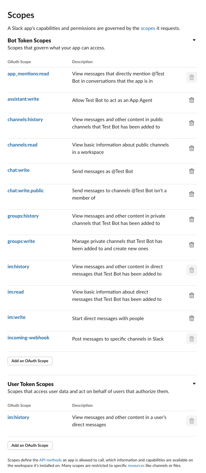 Slack App に必要な権限を選択
