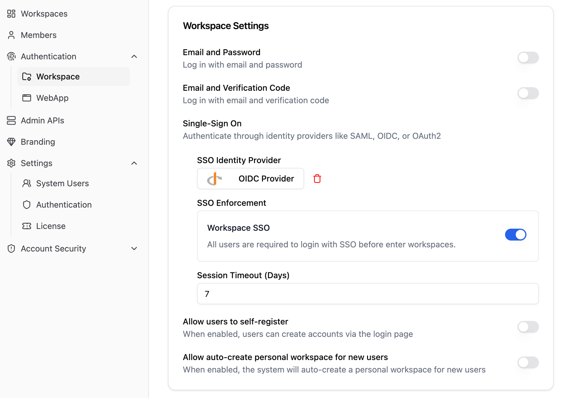 Enterprise admin panel SSO settings