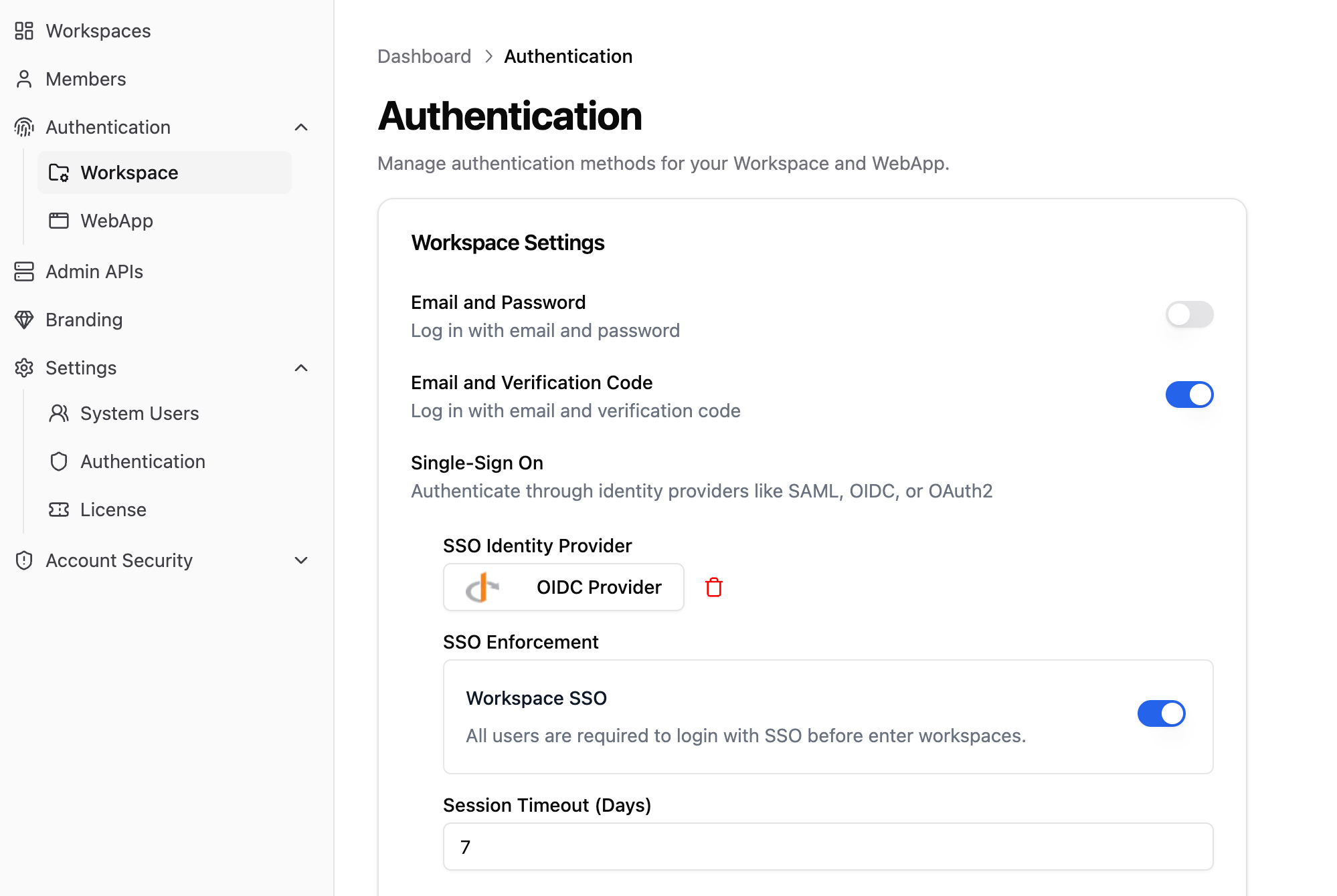 Enterprise admin panel email verification settings