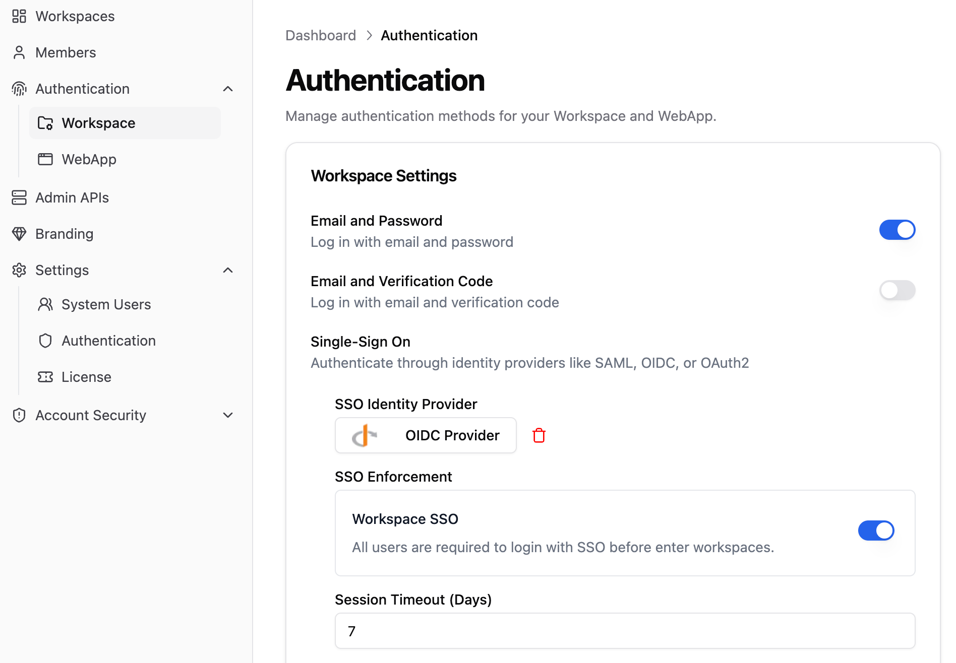 Enterprise admin panel authentication settings