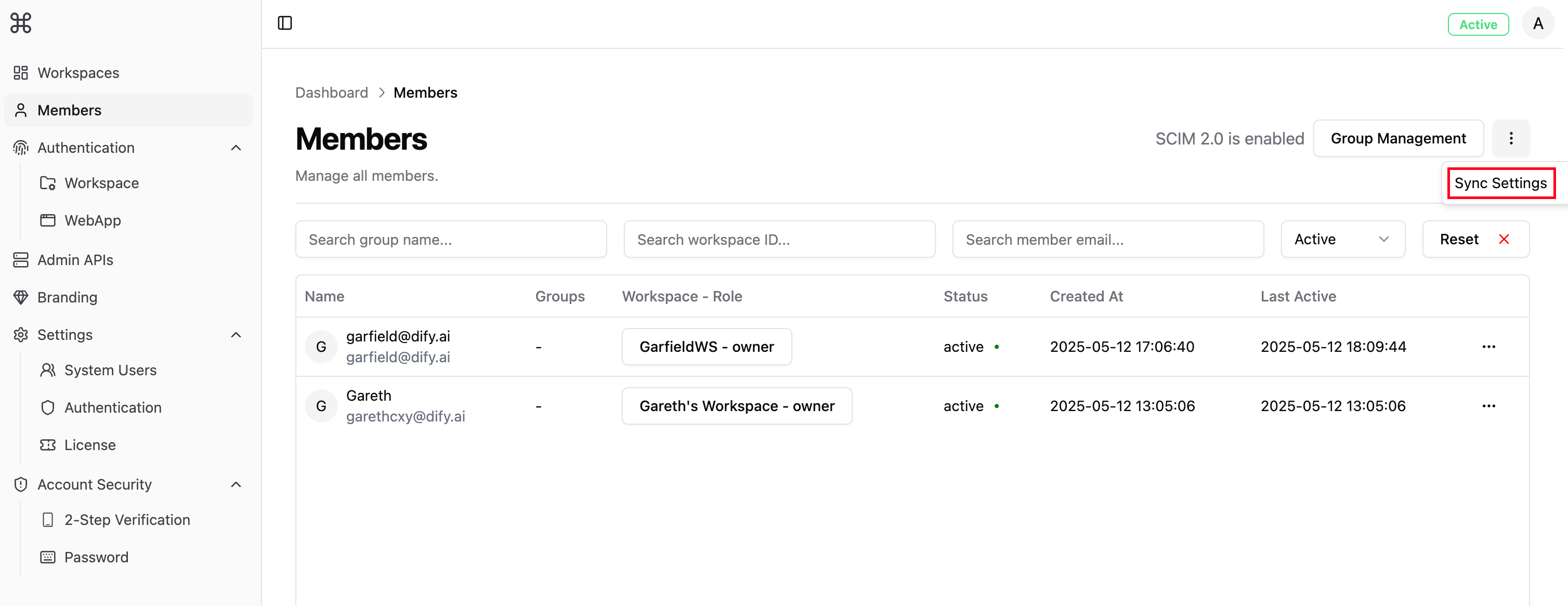 Sync Settings Interface