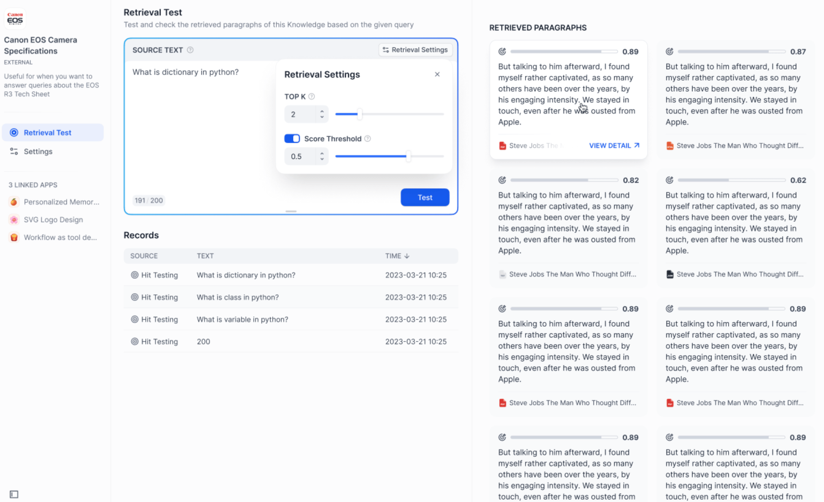 Test external knowledge base connection and retrieval