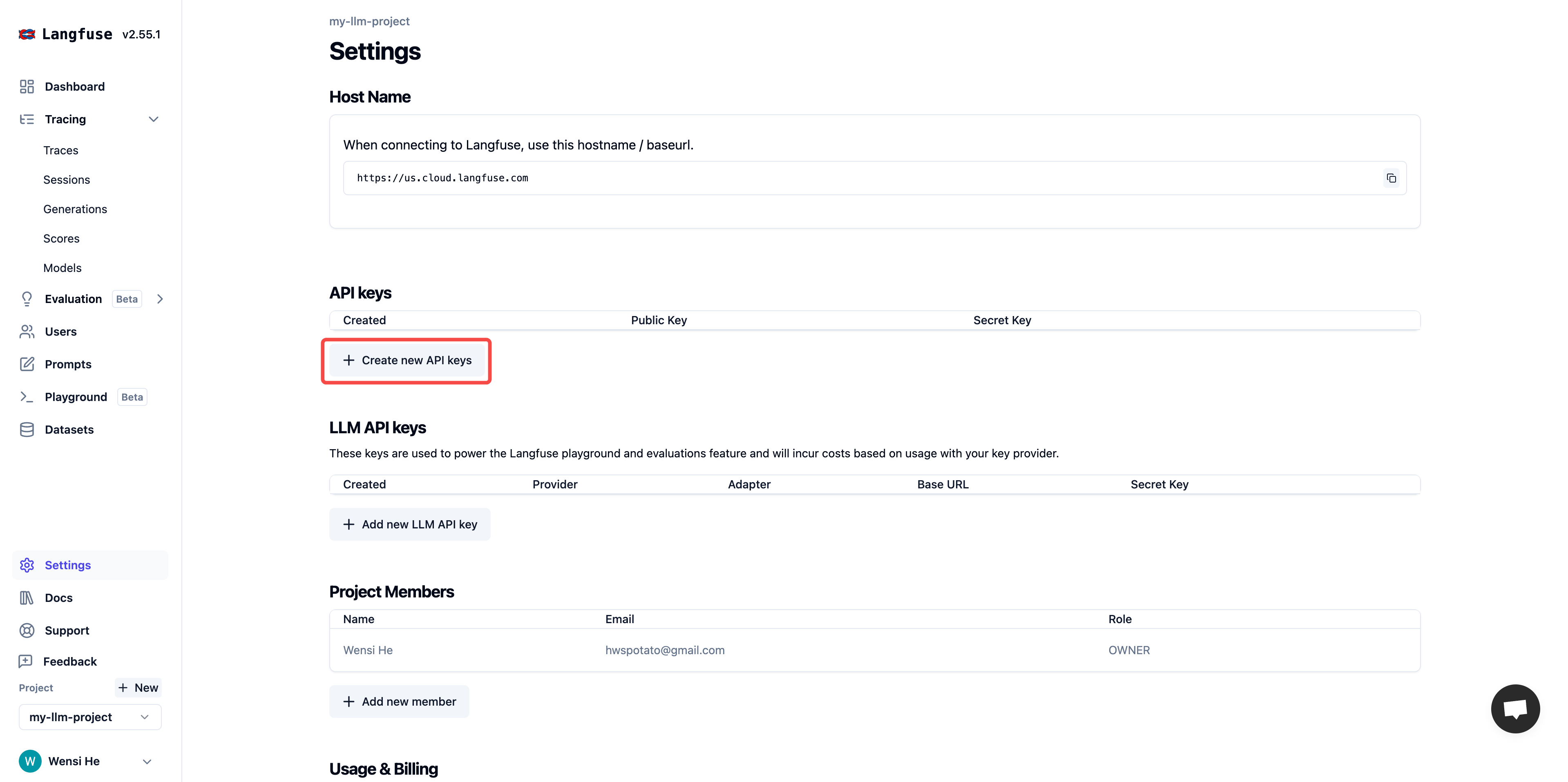 Create project API credentials