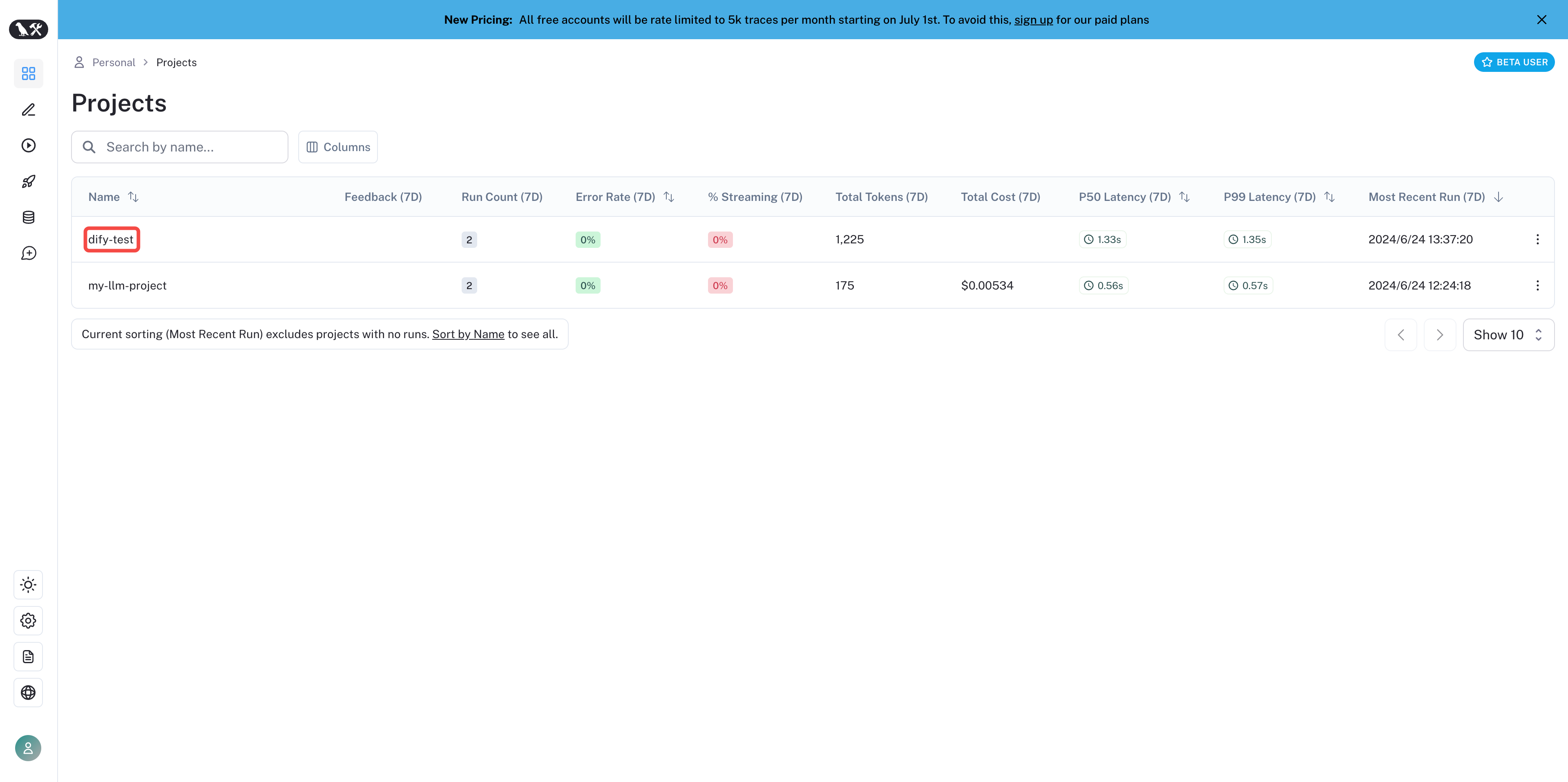 View created projects in LangSmith