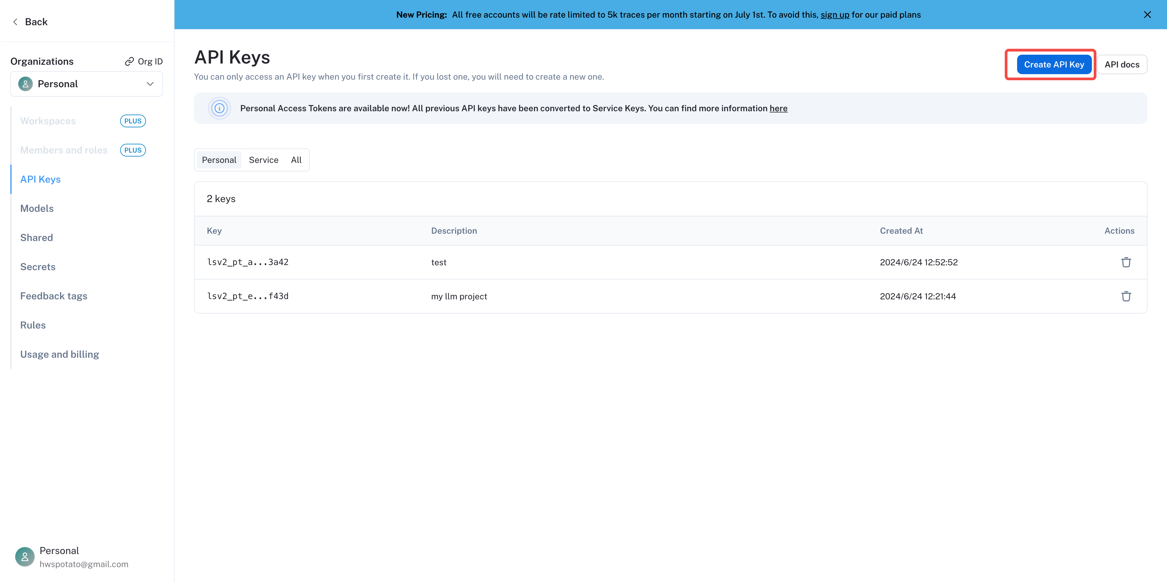 Create a project API Key