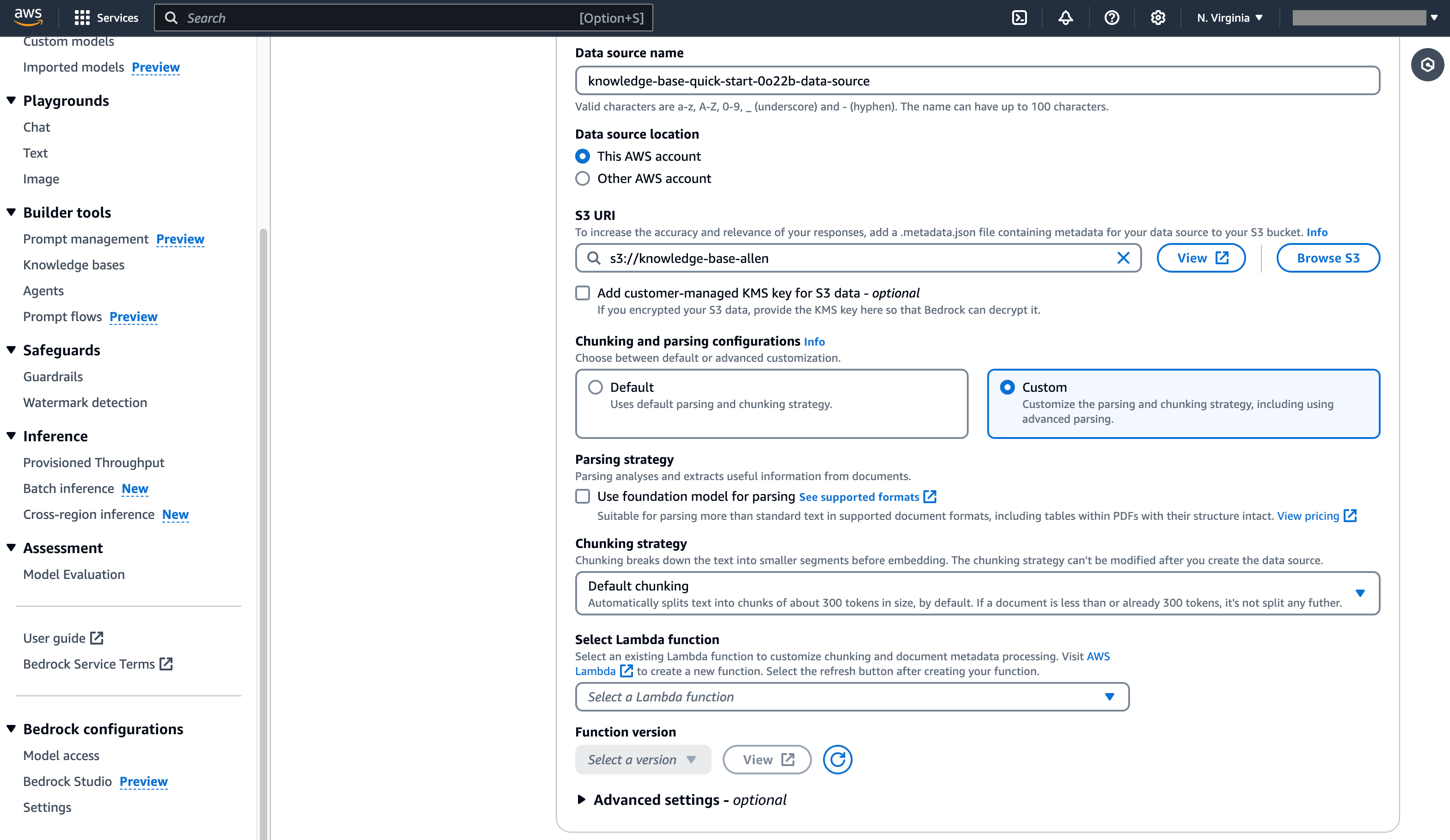 Adjust the text chunking parameters of AWS Bedrock Knowledge Base