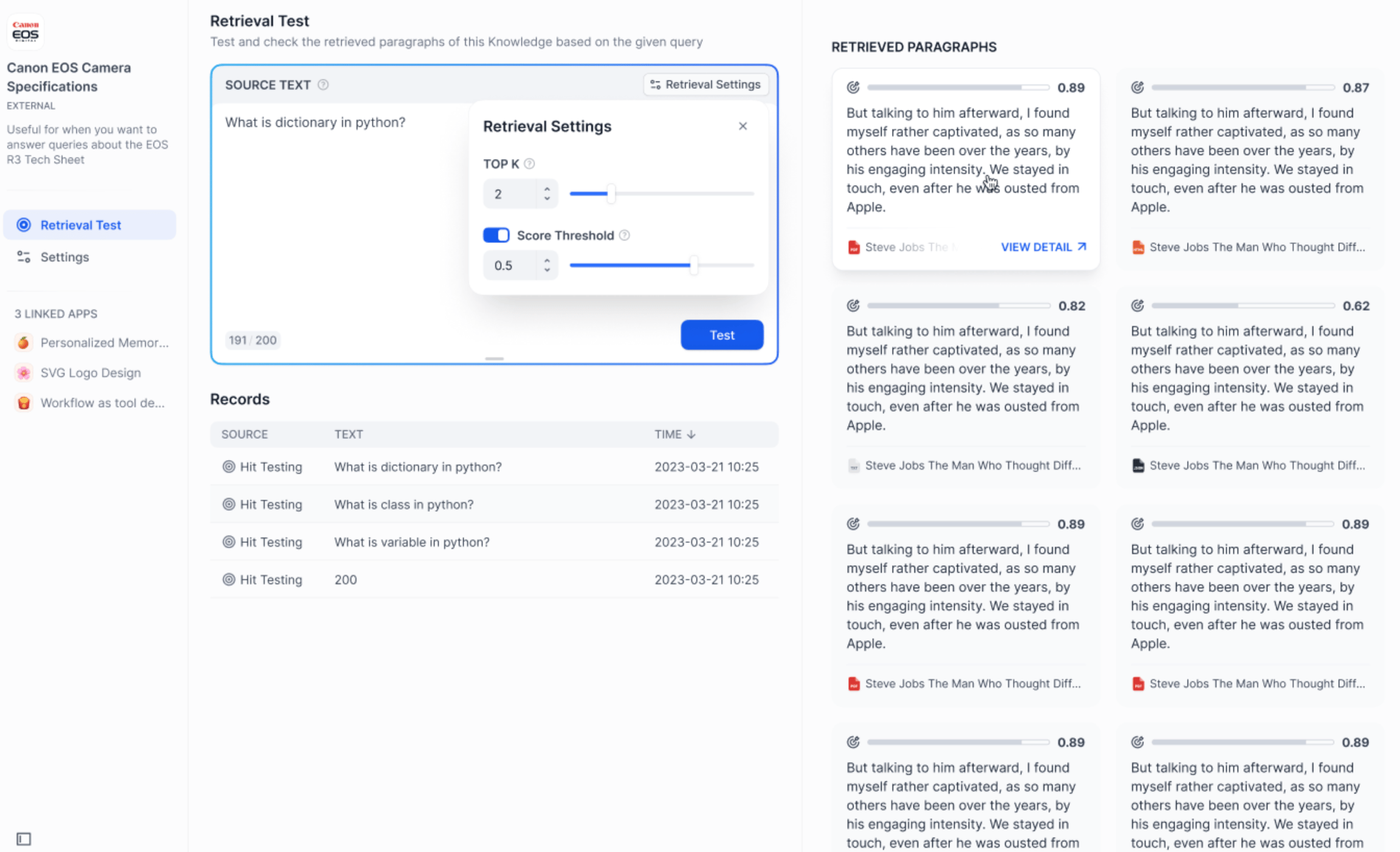 Test the connection and retrieval of the external knowledge base