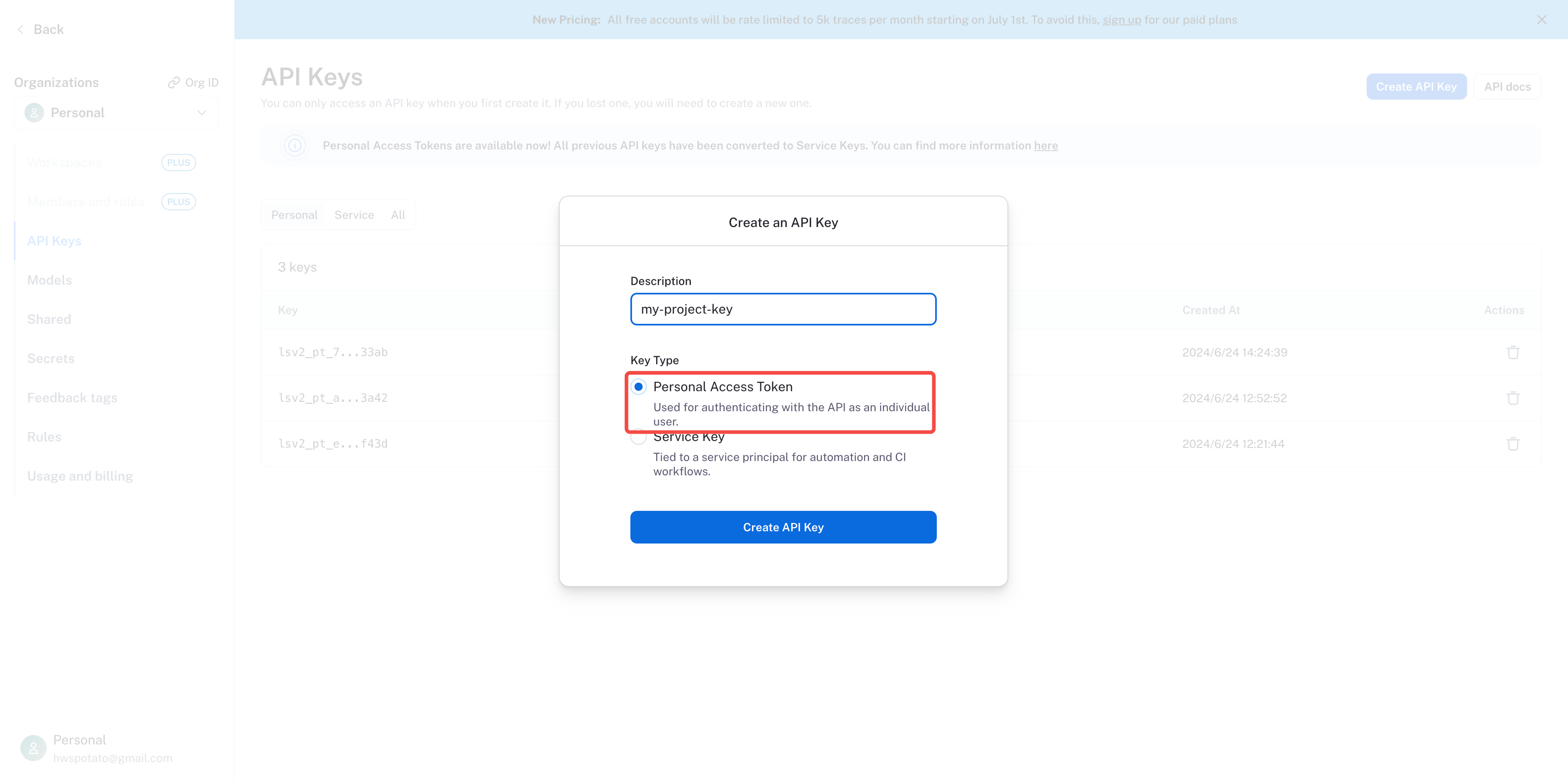 Personal Access Tokenを選択します